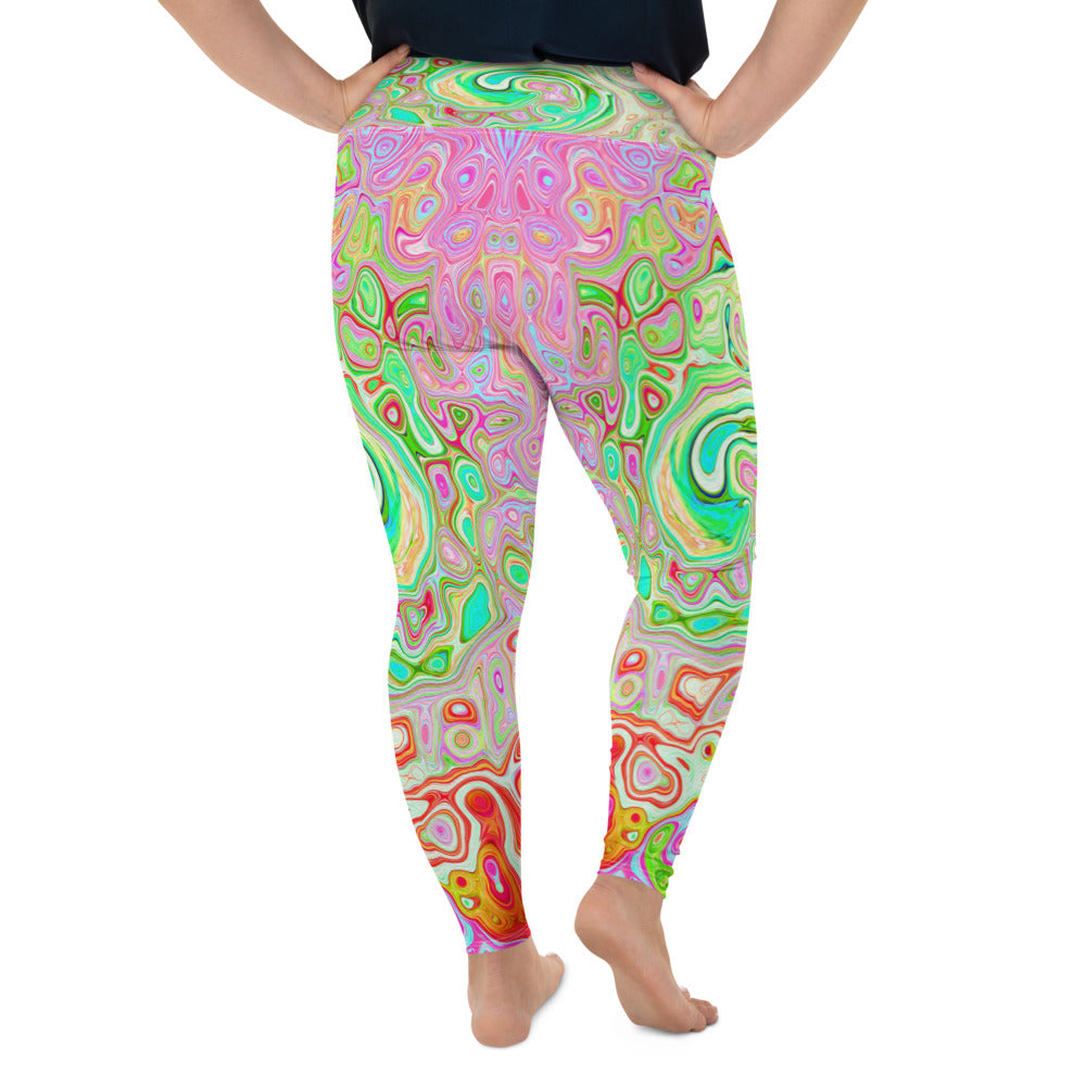 Plus Size Leggings for Women, Groovy Abstract Retro Pastel Green Liquid Swirl