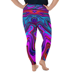 Plus Size Leggings for Women, Marbled Magenta, Blue and Red Abstract Art