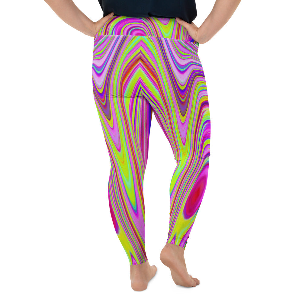 Plus Size Leggings for Women, Trippy Yellow and Pink Abstract Groovy Retro Art