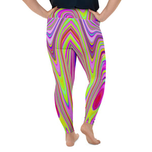 Plus Size Leggings for Women, Trippy Yellow and Pink Abstract Groovy Retro Art