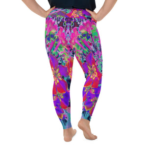 Plus Size Leggings for Women, Dramatic Psychedelic Colorful Red and Purple Flowers