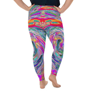Plus Size Leggings for Women, Abstract Floral Psychedelic Rainbow Waves of Color