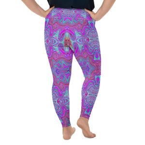 Plus Size Leggings for Women, Wavy Magenta and Blue Trippy Marbled Pattern