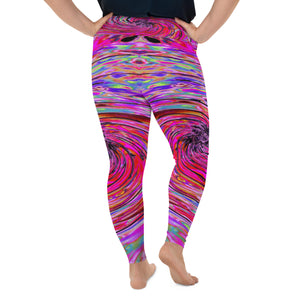 Plus Size Leggings for Women, Cool Abstract Retro Hot Pink and Red Floral Swirl