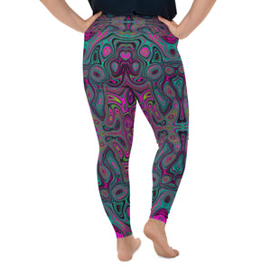 Plus Size Leggings for Women, Abstract Magenta and Teal Blue Groovy Retro Pattern