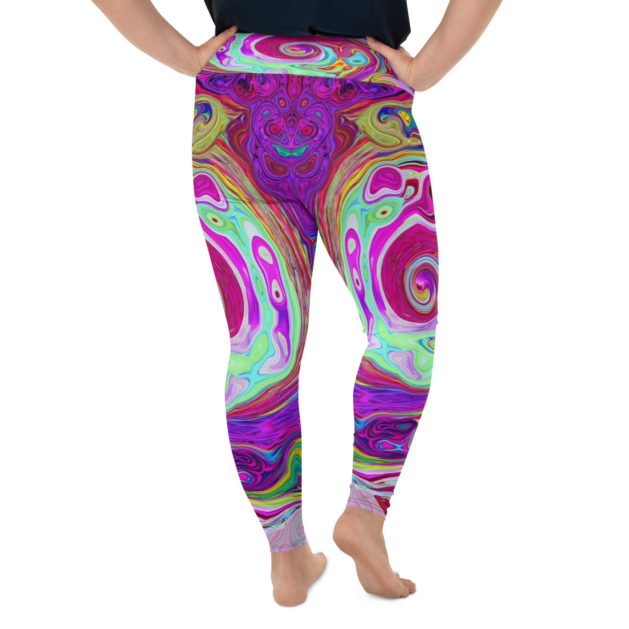 Plus Size Leggings, Groovy Abstract Retro Magenta Rainbow Swirl