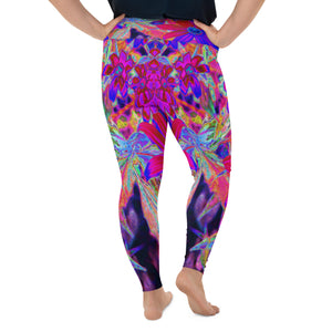 Plus Size Leggings, Psychedelic Retro Crimson and Magenta Wildflowers