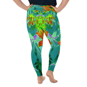 Plus Size Leggings, Trippy Yellow and Red Wildflowers on Retro Blue