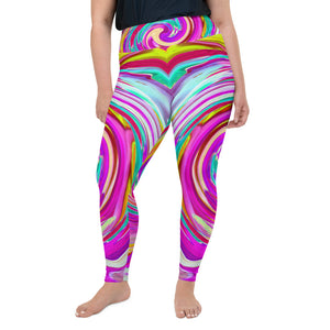 Plus Size Leggings for Women, Colorful Fiesta Swirl Retro Abstract Design