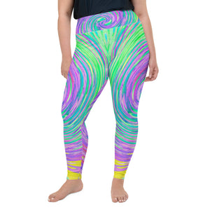 Plus Size Leggings for Women, Turquoise Blue and Purple Abstract Swirl