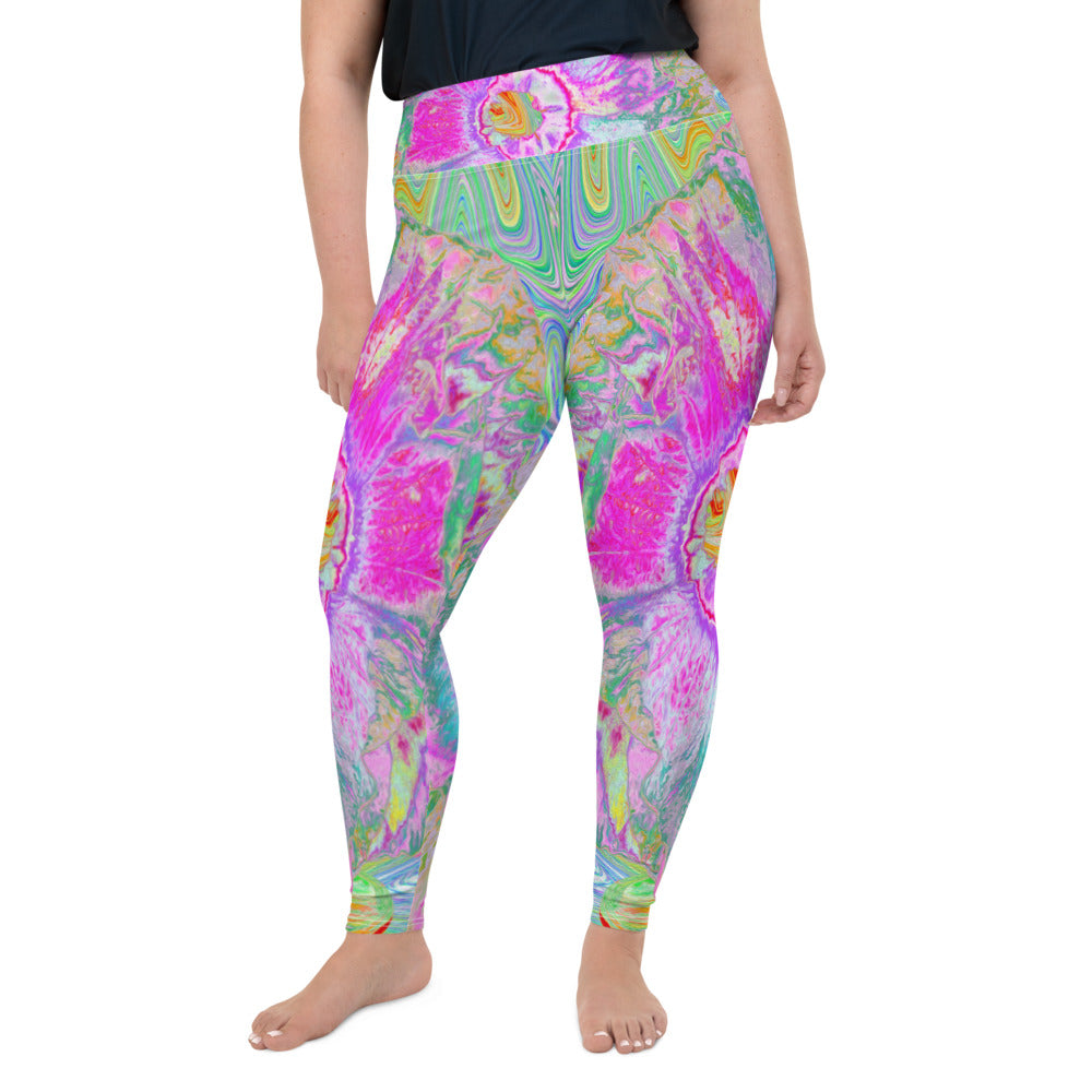 Plus Size Leggings for Women, Psychedelic Hot Pink and Ultra-Violet Hibiscus