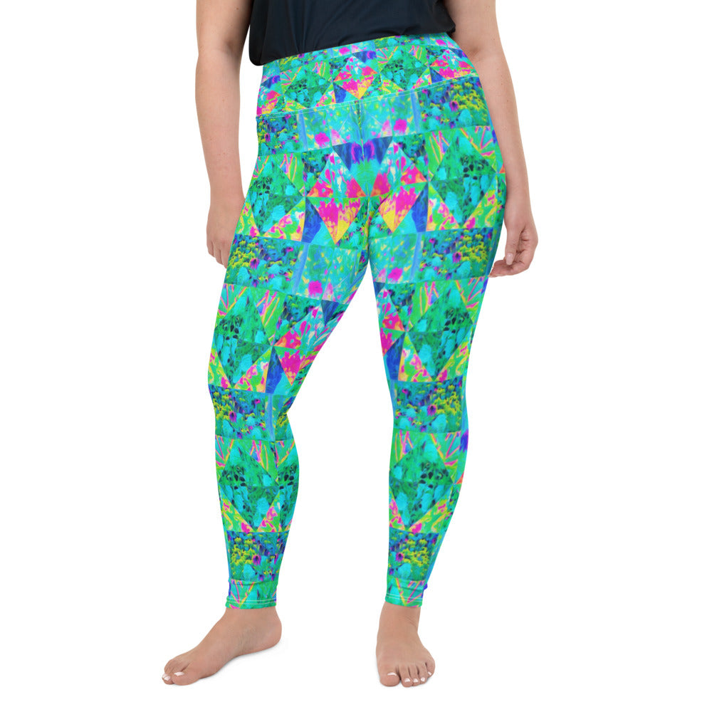Plus Size Leggings for Women, Garden Quilt Painting with Hydrangea and Blues