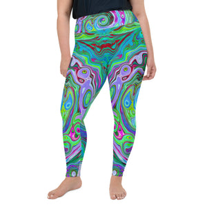 Plus Size Leggings for Women, Retro Green, Red and Magenta Abstract Groovy Swirl