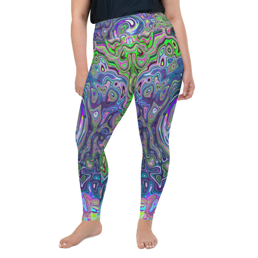 Plus Size Leggings for Women, Marbled Lime Green and Purple Abstract Retro Swirl