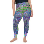 Plus Size Leggings for Women, Marbled Lime Green and Purple Abstract Retro Swirl