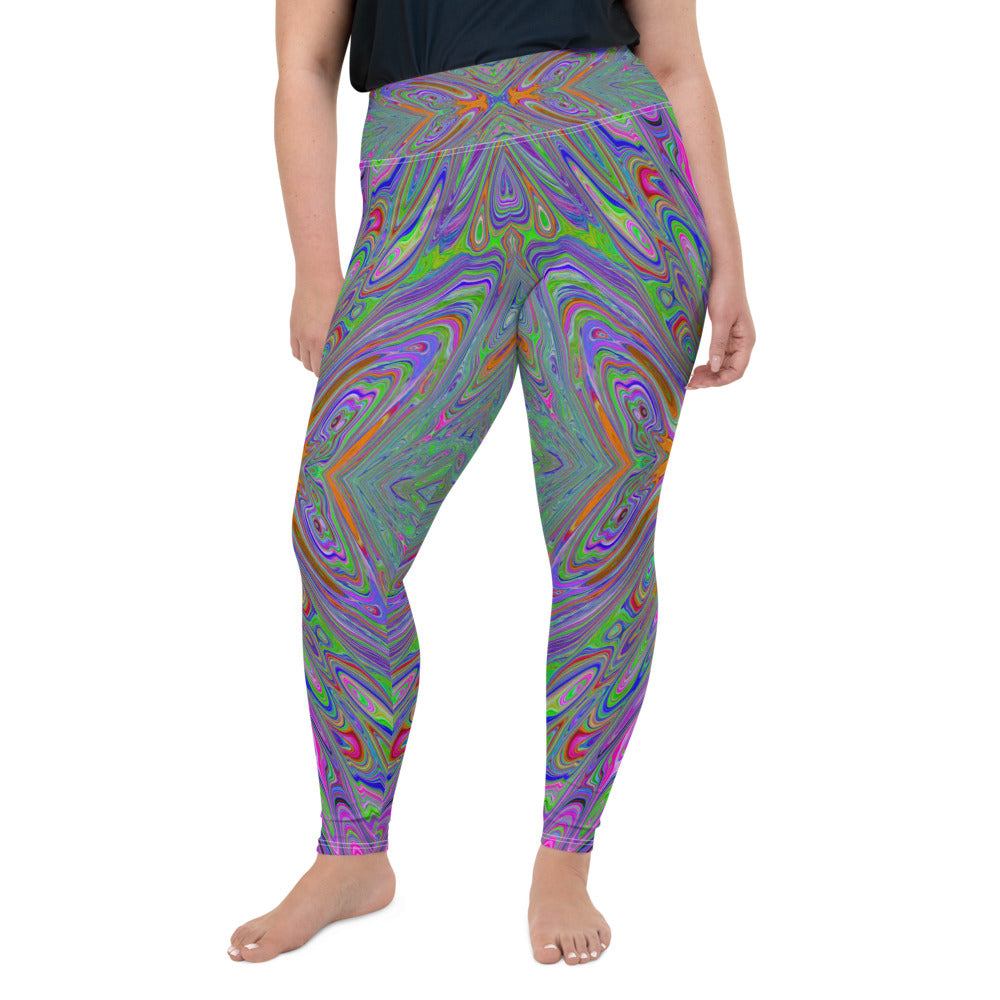 Plus Size Leggings, Abstract Trippy Purple, Orange and Lime Green Butterfly All Over Print