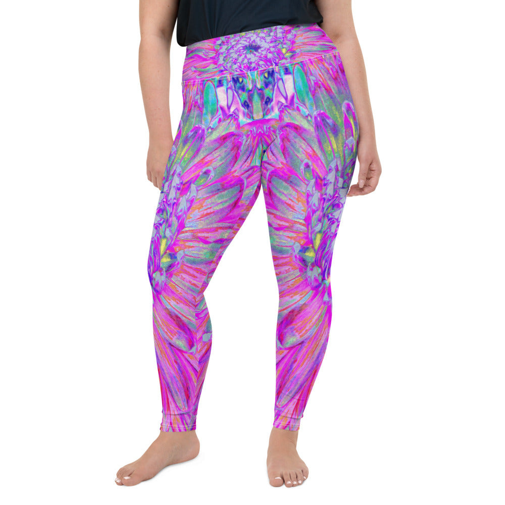 Plus Size Leggings for Women, Cool Pink Blue and Purple Artsy Dahlia Bloom