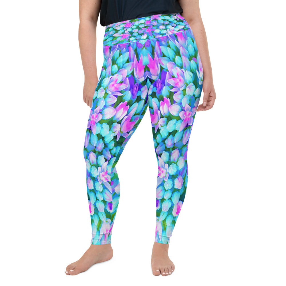 Plus Size Leggings, Blue and Hot Pink Succulent Sedum Flowers Detail