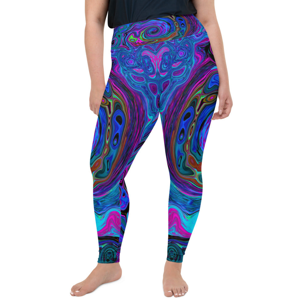 Plus Size Leggings for Women, Groovy Abstract Retro Blue and Purple Swirl