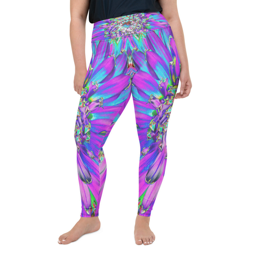 Plus Size Leggings for Women, Trippy Abstract Aqua, Lime Green and Purple Dahlia