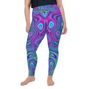 Plus Size Leggings for Women, Marbled Magenta and Lime Green Groovy Abstract Art