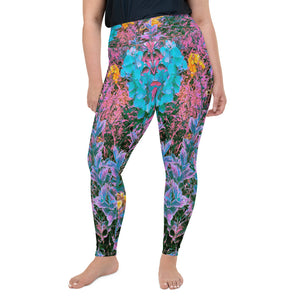 Plus Size Leggings for Women, Abstract Coral, Pink, Green and Aqua Garden Foliage