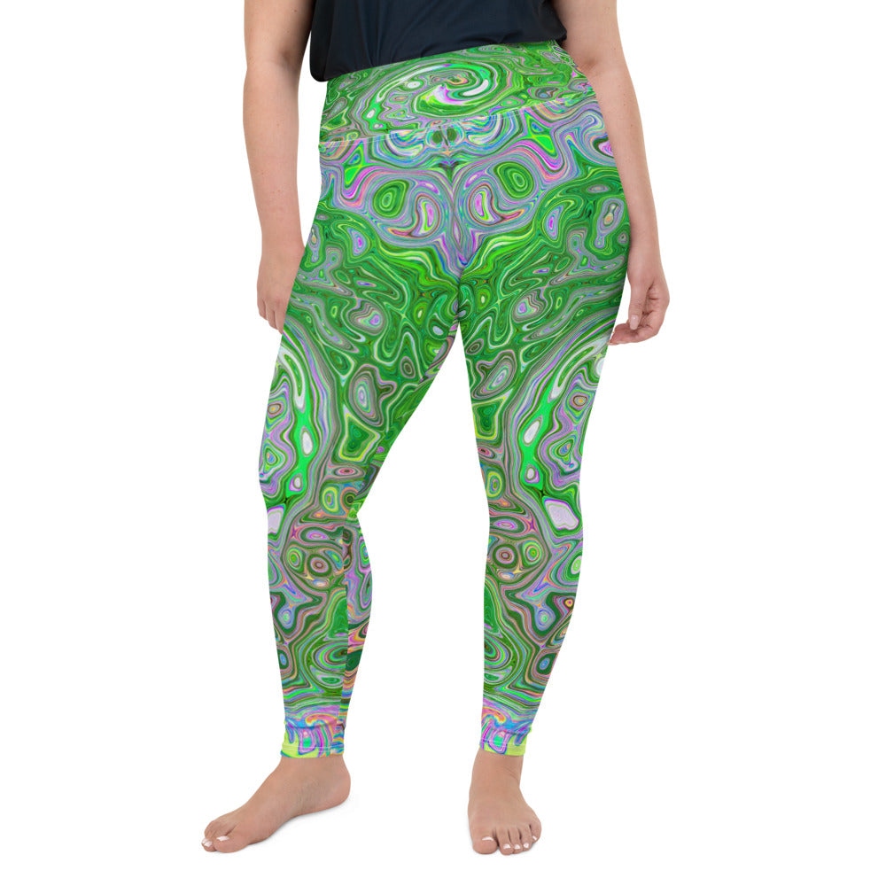 Plus Size Leggings for Women, Trippy Lime Green and Pink Abstract Retro Swirl