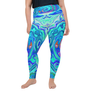Plus Size Leggings for Women, Groovy Abstract Ocean Blue and Green Liquid Swirl