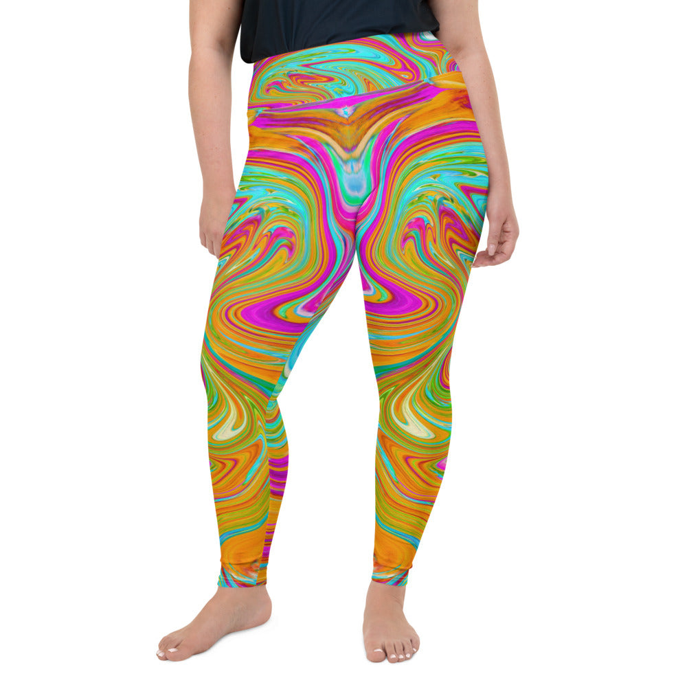 Plus Size Leggings for Women, Blue, Orange and Hot Pink Groovy