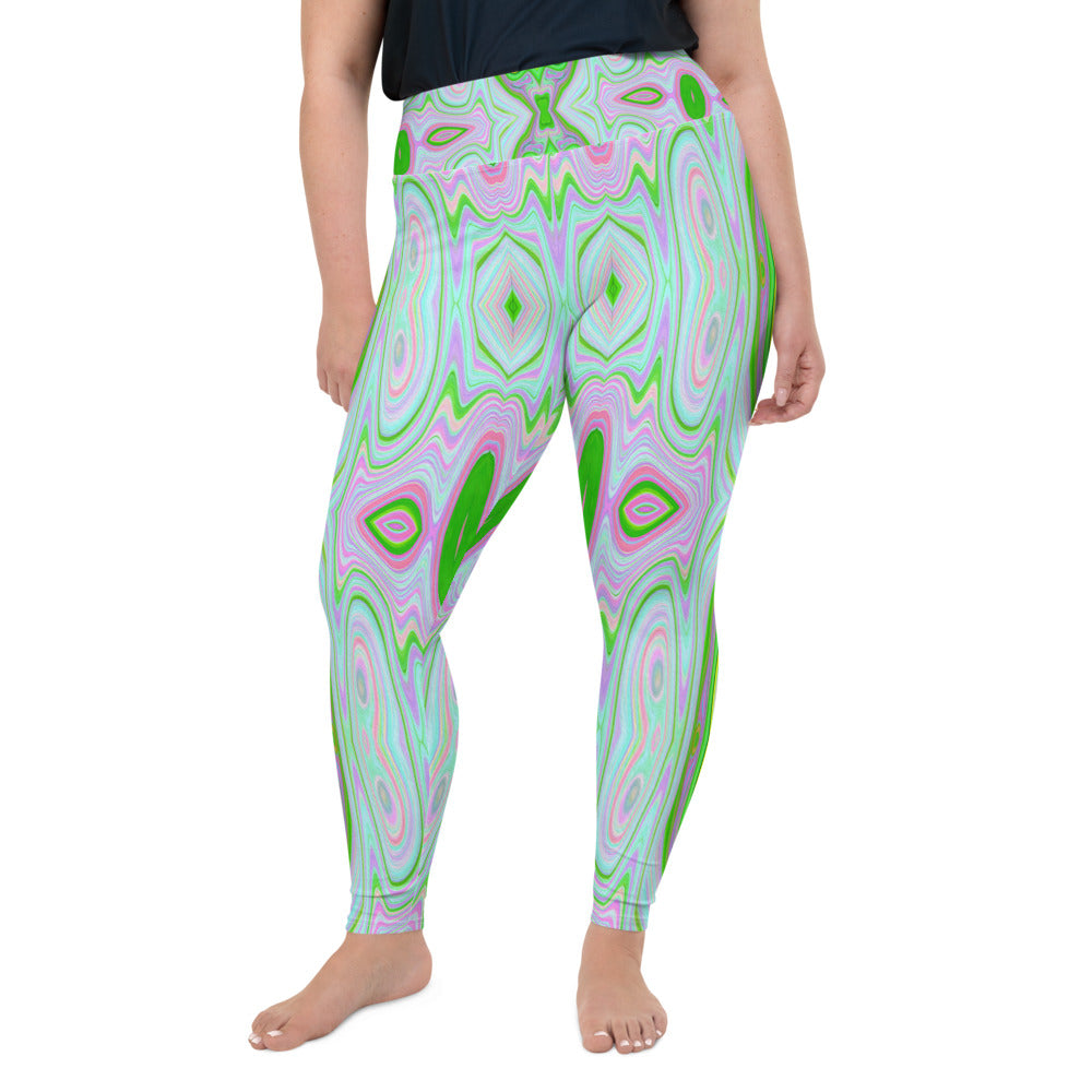 Plus Size Leggings for Women, Retro Abstract Pink, Lime Green and Aqua Pattern