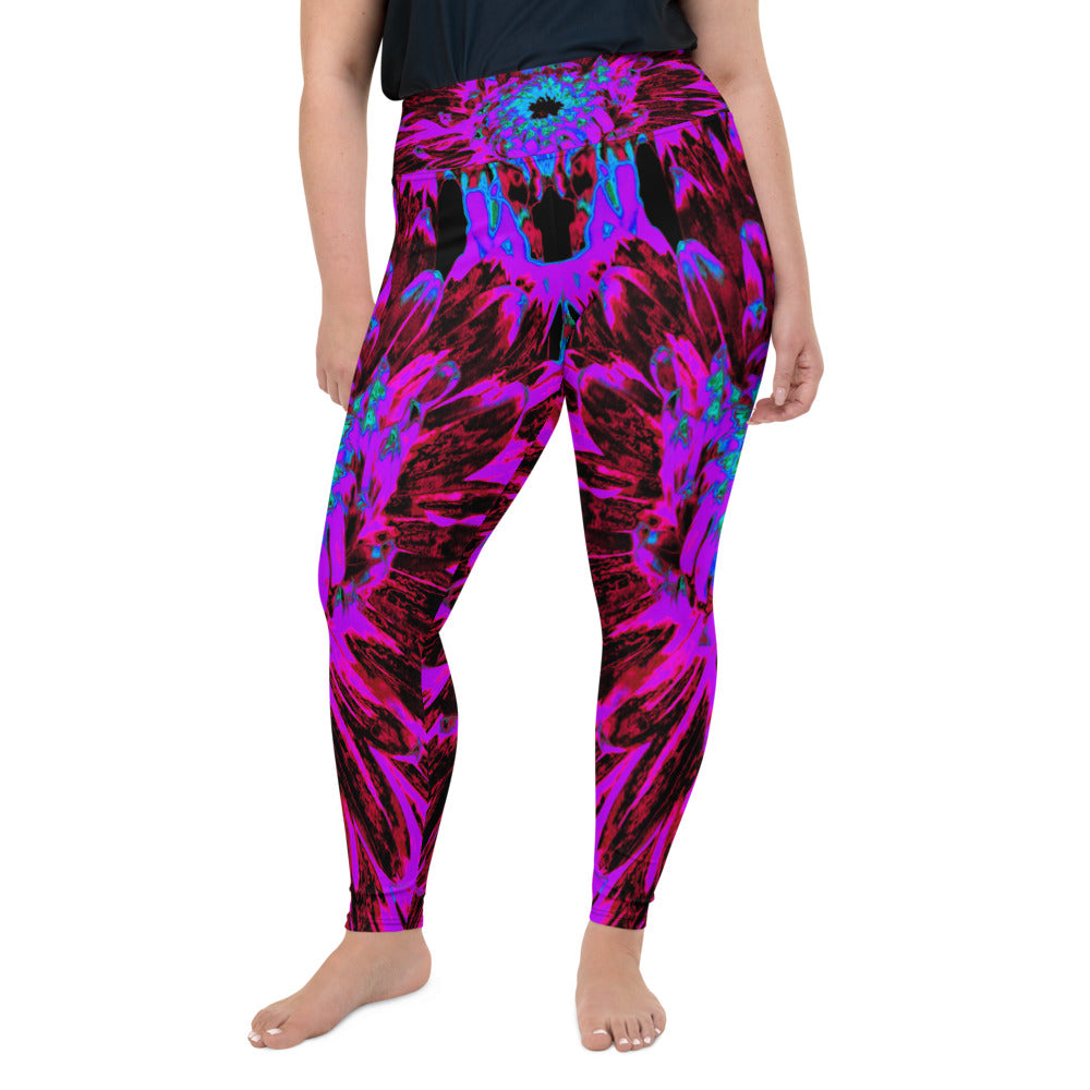 Plus Size Leggings for Women, Dramatic Crimson Red, Purple and Black Dahlia