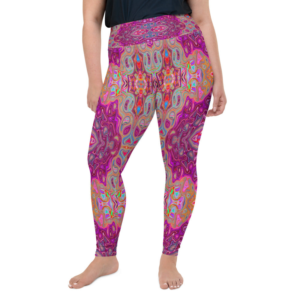 Plus Size Leggings for Women, Abstract Magenta, Pink, Blue and Red Groovy Pattern
