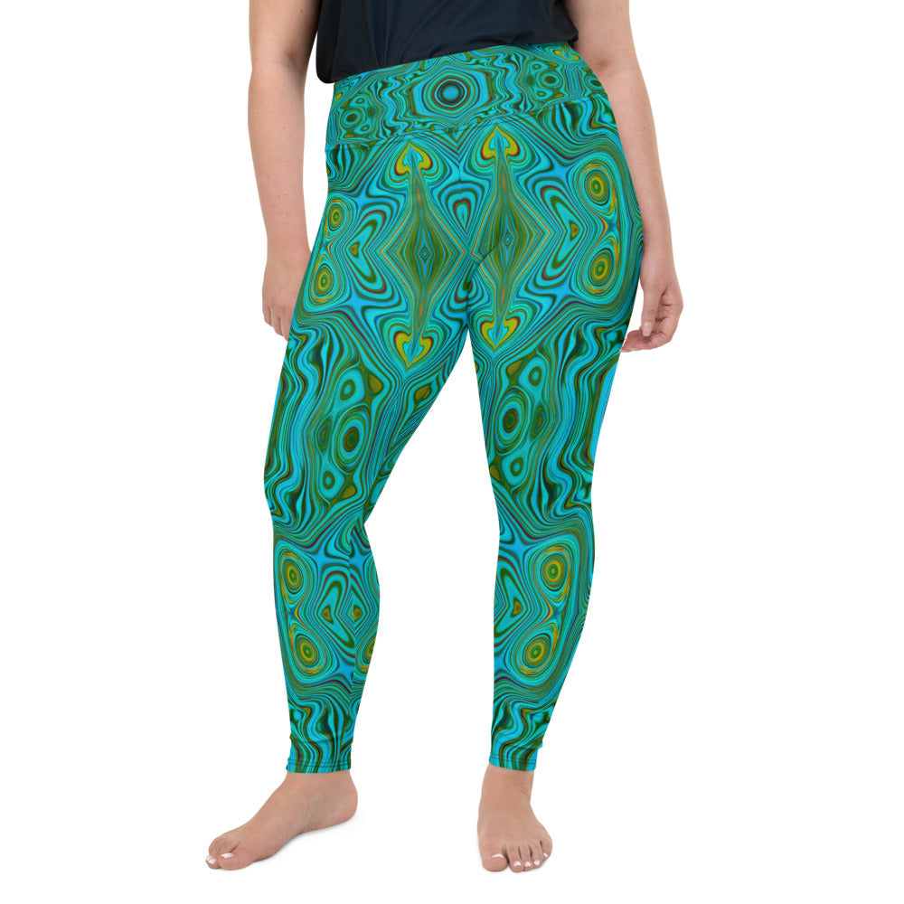 Plus Size Leggings for Women, Trippy Retro Turquoise Chartreuse Abstract Pattern