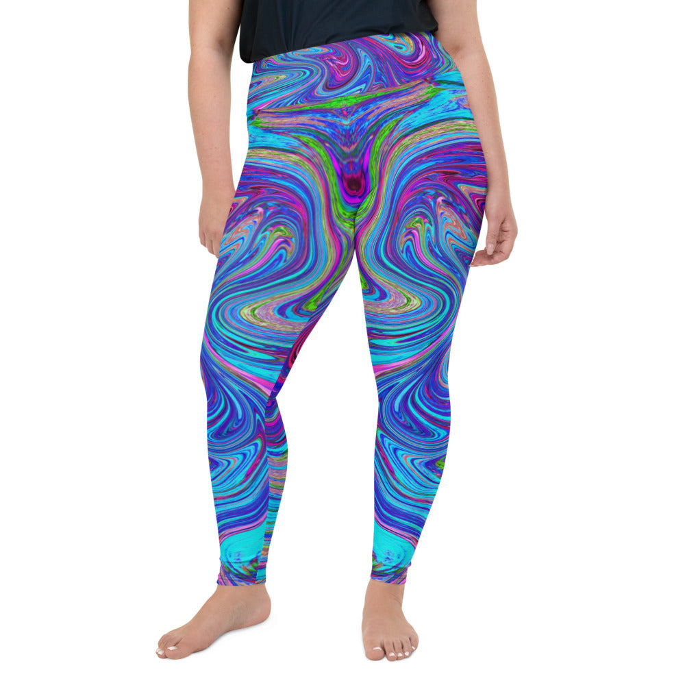 Plus Size Leggings for Women, Blue, Pink and Purple Groovy Abstract Retro Art