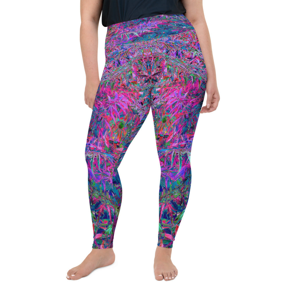 Plus Size Leggings for Women, Abstract Psychedelic Rainbow Colors Foliage Garden