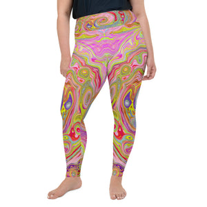 Plus Size Leggings for Women, Retro Pink, Yellow and Magenta Abstract Groovy Art