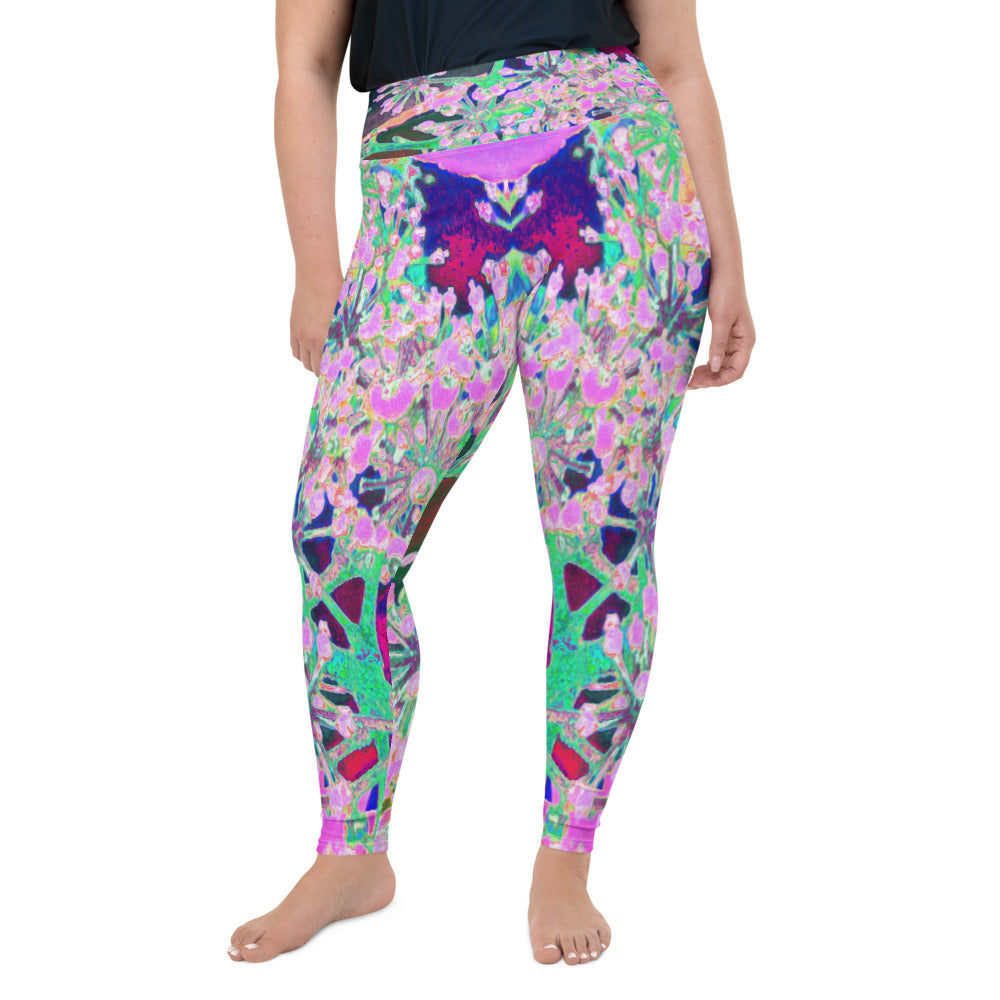 Plus Size Leggings for Women, Cool Abstract Retro Nature in Pink and Lime Green