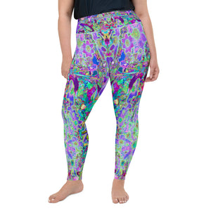 Plus Size Leggings for Women, Trippy Abstract Pink and Purple Flowers