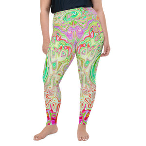 Plus Size Leggings for Women, Groovy Abstract Retro Pastel Green Liquid Swirl