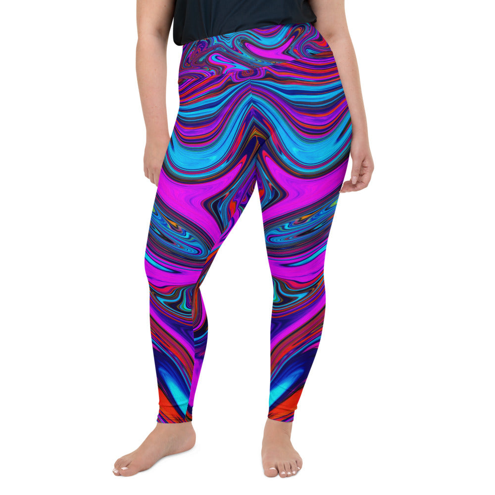 Plus Size Leggings for Women, Marbled Magenta, Blue and Red Abstract Art