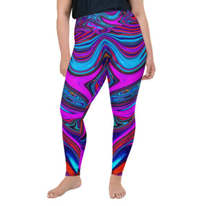 Plus Size Leggings for Women, Marbled Magenta, Blue and Red Abstract Art