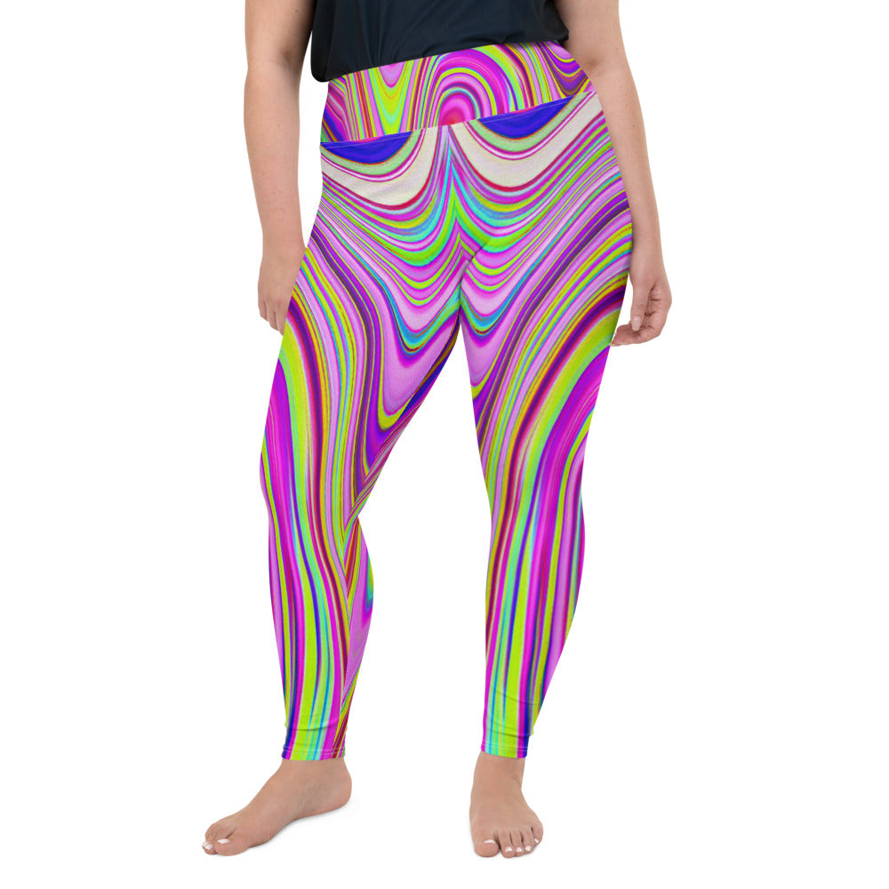 Plus Size Leggings for Women, Trippy Yellow and Pink Abstract Groovy Retro Art