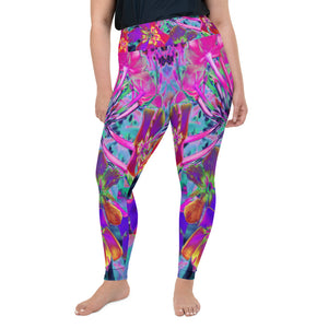 Plus Size Leggings for Women, Dramatic Psychedelic Colorful Red and Purple Flowers