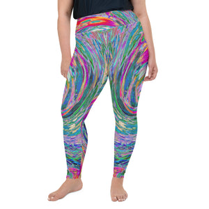 Plus Size Leggings for Women, Abstract Floral Psychedelic Rainbow Waves of Color