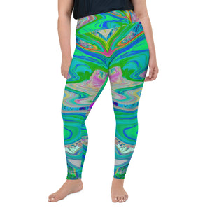 Plus Size Leggings for Women, Colorful Marbled Lime Green Abstract Retro Liquid Art