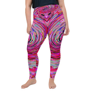 Plus Size Leggings for Women, Cool Abstract Retro Hot Pink and Red Floral Swirl