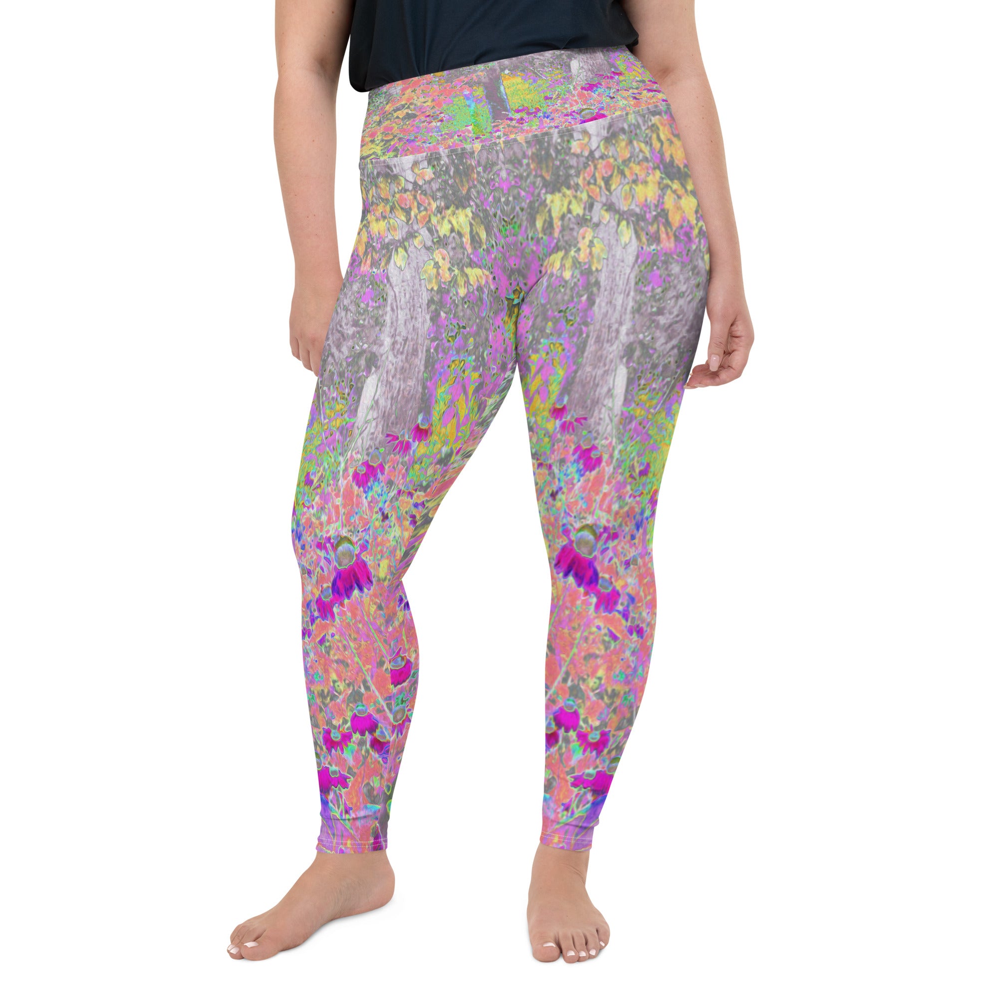 Plus Size Leggings for Women, Watercolor Garden Sunrise with Purple Flowers
