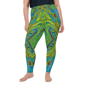 Plus Size Leggings, Trippy Chartreuse and Blue Abstract Butterfly