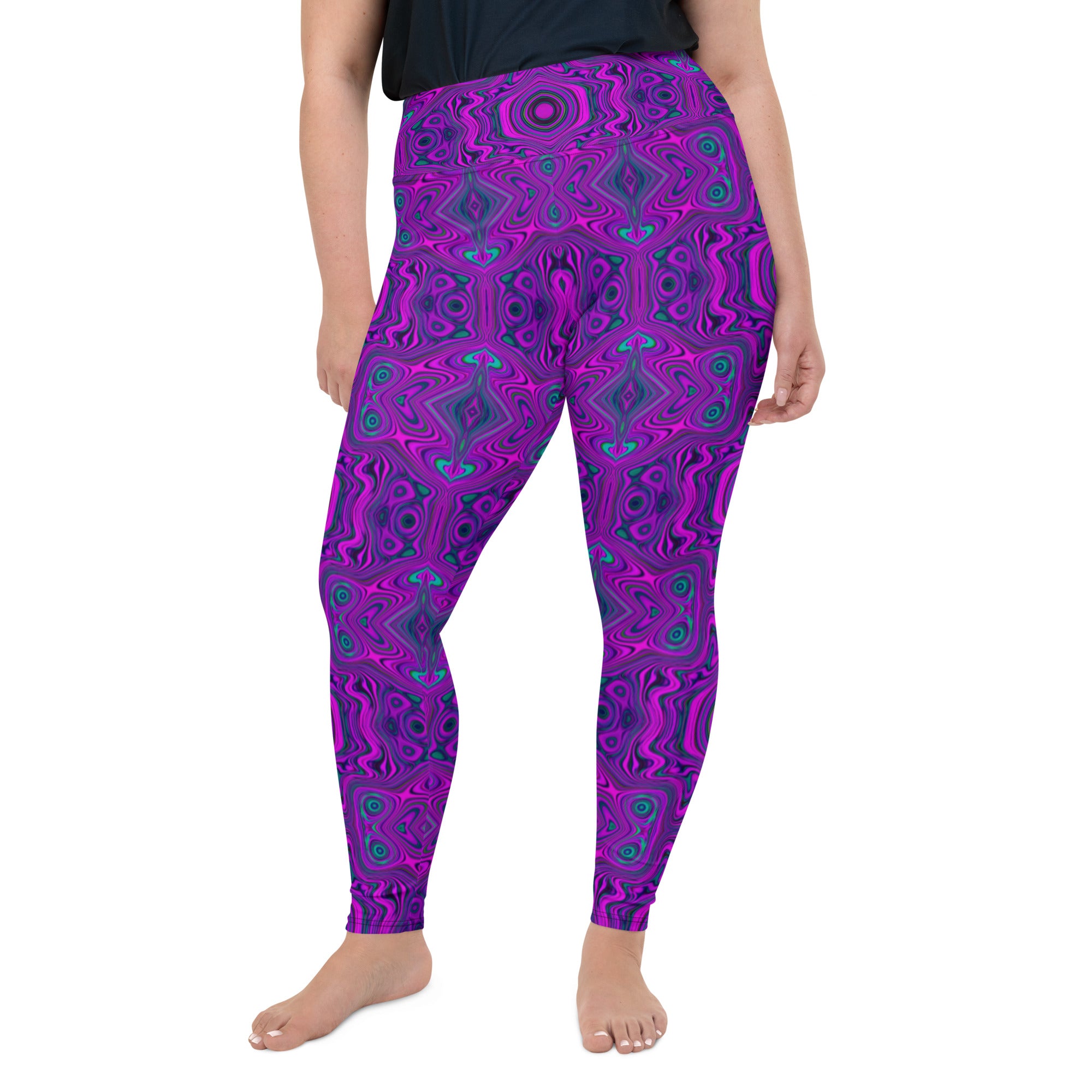 Plus Size Leggings, Trippy Retro Magenta and Black Abstract Pattern