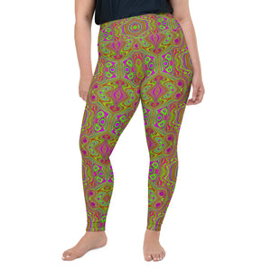 Plus Size Leggings, Trippy Retro Chartreuse Magenta Abstract Pattern